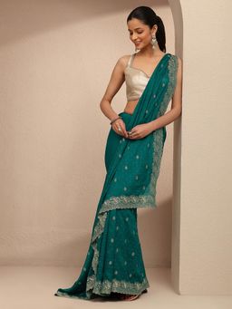 Libas - Women Teal Silk Blend Embroidered Saree and Unstitched Blouse Piece