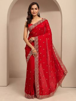 Libas - Women Red Silk Blend Embellished Saree and Unstitched Blouse Piece
