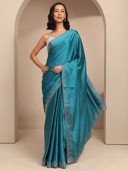 Libas - Women Teal Silk Blend Embellished Saree and Unstitched Blouse Piece
