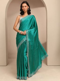 Libas - Women Green Silk Blend Embellished Saree and Unstitched Blouse Piece
