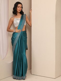 Libas - Women Blue Silk Blend Embellished Saree and Unstitched Blouse Piece