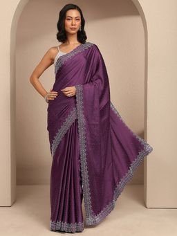 Libas - Women Burgundy Silk Blend Embellished Saree and Unstitched Blouse Piece
