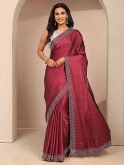Libas - Women Red Silk Blend Embellished Saree and Unstitched Blouse Piece
