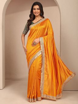 Libas - Women Mustard Silk Blend Embellished Saree and Unstitched Blouse Piece