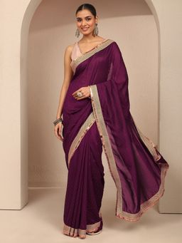 Libas - Women Burgundy Silk Blend Embellished Saree and Unstitched Blouse Piece
