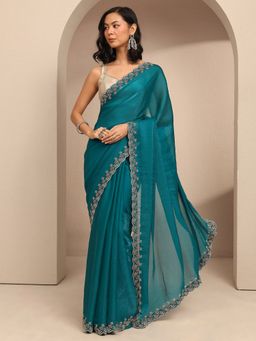 Libas - Women Blue Silk Blend Embellished Saree and Unstitched Blouse Piece