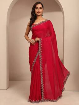 Libas - Women Red Silk Blend Embellished Saree and Unstitched Blouse Piece