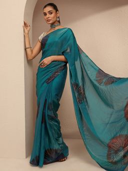 Libas - Women Blue Silk Blend Embellished Saree and Unstitched Blouse Piece