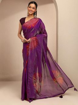 Libas - Women Purple Silk Blend Embellished Saree and Unstitched Blouse Piece