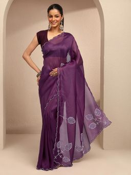 Libas - Women Purple Silk Blend Embellished Saree and Unstitched Blouse Piece
