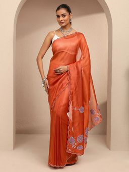 Libas - Women Rust Silk Blend Embellished Saree and Unstitched Blouse Piece