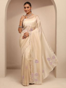 Libas - Women Cream Silk Blend Embellished Saree and Unstitched Blouse Piece