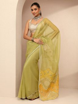 Libas - Women Green Silk Blend Embellished Saree and Unstitched Blouse Piece