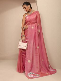 Libas - Women Pink Silk Blend Embellished Saree and Unstitched Blouse Piece