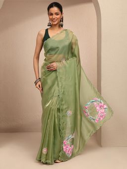 Libas - Women Green Silk Blend Embellished Saree and Unstitched Blouse Piece