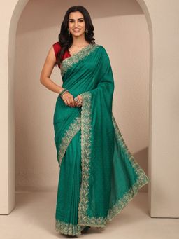 Libas - Women Green Silk Blend Embellished Saree and Unstitched Blouse Piece