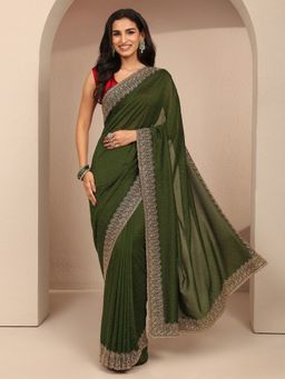 Libas - Women Green Silk Blend Embellished Saree and Unstitched Blouse Piece