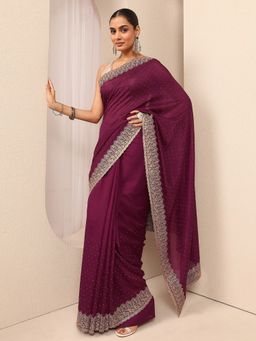 Libas - Women Burgundy Silk Blend Embellished Saree and Unstitched Blouse Piece
