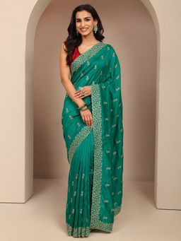 Libas - Women Green Silk Blend Embroidered Saree and Unstitched Blouse Piece