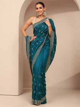 Libas - Women Teal Silk Blend Embroidered Saree and Unstitched Blouse Piece