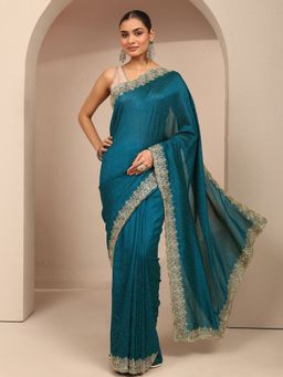 Libas - Women Teal Silk Blend Embellished Saree and Unstitched Blouse Piece