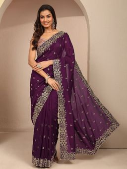 Libas - Women Burgundy Silk Blend Embroidered Saree and Unstitched Blouse Piece