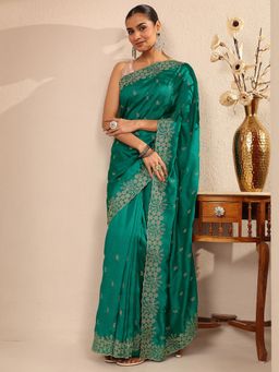 Libas - Women Green Silk Blend Embroidered Saree and Unstitched Blouse Piece