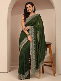 Libas - Women Green Silk Blend Embellished Saree and Unstitched Blouse Piece