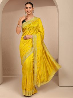 Libas - Women Mustard Silk Blend Embroidered Saree and Unstitched Blouse Piece