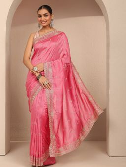 Libas - Women Coral Silk Blend Embroidered Saree and Unstitched Blouse Piece