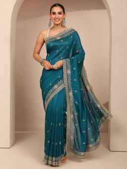 Libas - Women Teal Silk Blend Embroidered Saree and Unstitched Blouse Piece
