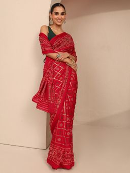 Libas - Women Red Silk Blend Printed Saree and Unstitched Blouse Piece