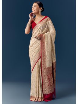 KALKI FASHION - Women Off White Georgette Woven Saree and Unstitched Blouse Piece