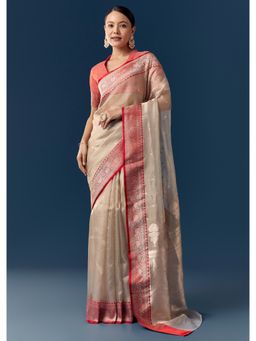 KALKI FASHION - Women Beige Tissue Woven Saree and Unstitched Blouse Piece