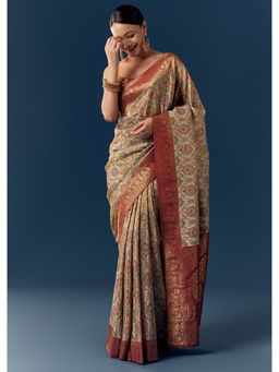 KALKI FASHION - Women Beige Silk Woven Saree and Unstitched Blouse Piece