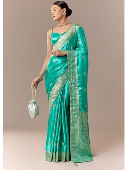 KALKI FASHION - Women Turquoise Satin Woven Saree and Unstitched Blouse Piece