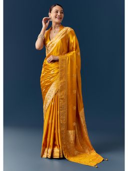 KALKI FASHION - Women Yellow Satin Woven Saree and Unstitched Blouse Piece