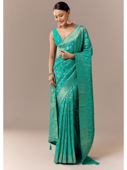 KALKI FASHION - Women Turquoise Silk Woven Saree and Unstitched Blouse Piece