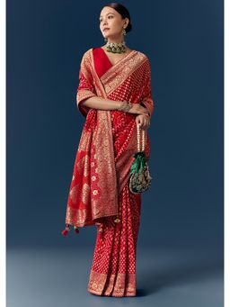 KALKI FASHION - Women Red Georgette Woven Saree and Unstitched Blouse Piece