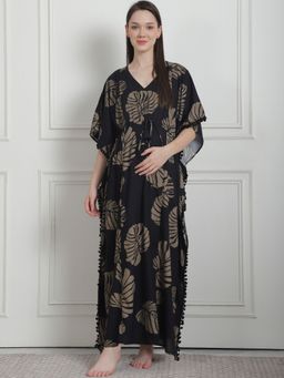 Secret Wish - Floral Print Black Rayon Maternity Kaftan Nighty