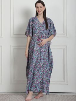 Secret Wish - Floral Print Blue Cotton Maternity Kaftan Nighty