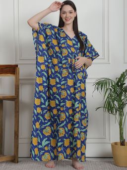 Secret Wish - Floral Print Dark Blue Cotton Maternity Kaftan Nighty