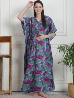 Secret Wish - Floral Print Blue Cotton Maternity Kaftan Nighty