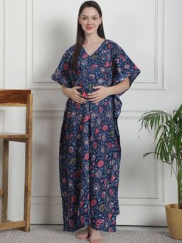Secret Wish - Floral Print Dark Blue Cotton Maternity Kaftan Nighty