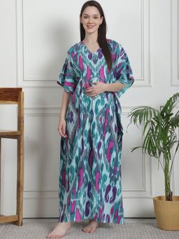 Secret Wish - Abstract Print Sea Green Cotton Maternity Kaftan Nighty