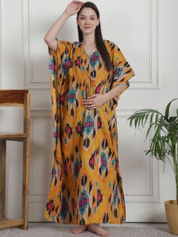 Secret Wish - Abstract Print Mustard Cotton Maternity Kaftan Nighty