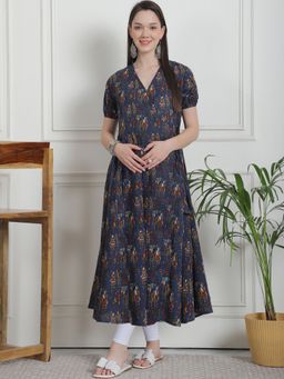 Secret Wish - Ethnic Print Navy Blue Cotton Maternity Kurta