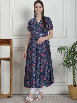 Secret Wish - Floral Print Dark Blue Cotton Maternity Kurta