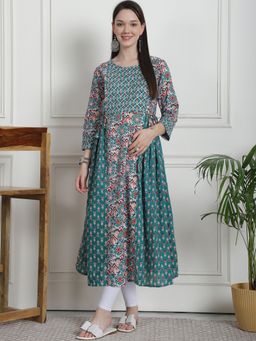Secret Wish - Floral Print Teal Cotton Maternity Kurta