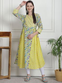 Secret Wish - Floral Print Yellow Cotton Maternity Kurta